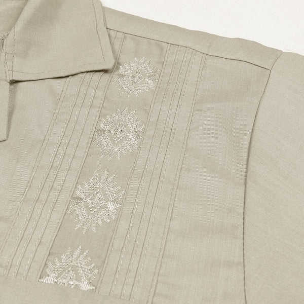 Casual Country Half Sleeve Embroided  Casual Shirt-Off White-CCCS004