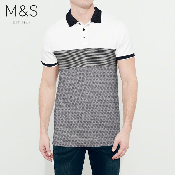 M&S Single Jersey Polo Shirt For Men-White & Melange Panels-BE4313