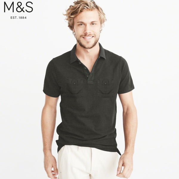 M&S Single Jersey Polo Shirt For Men-Dark Olive Melange-NA839