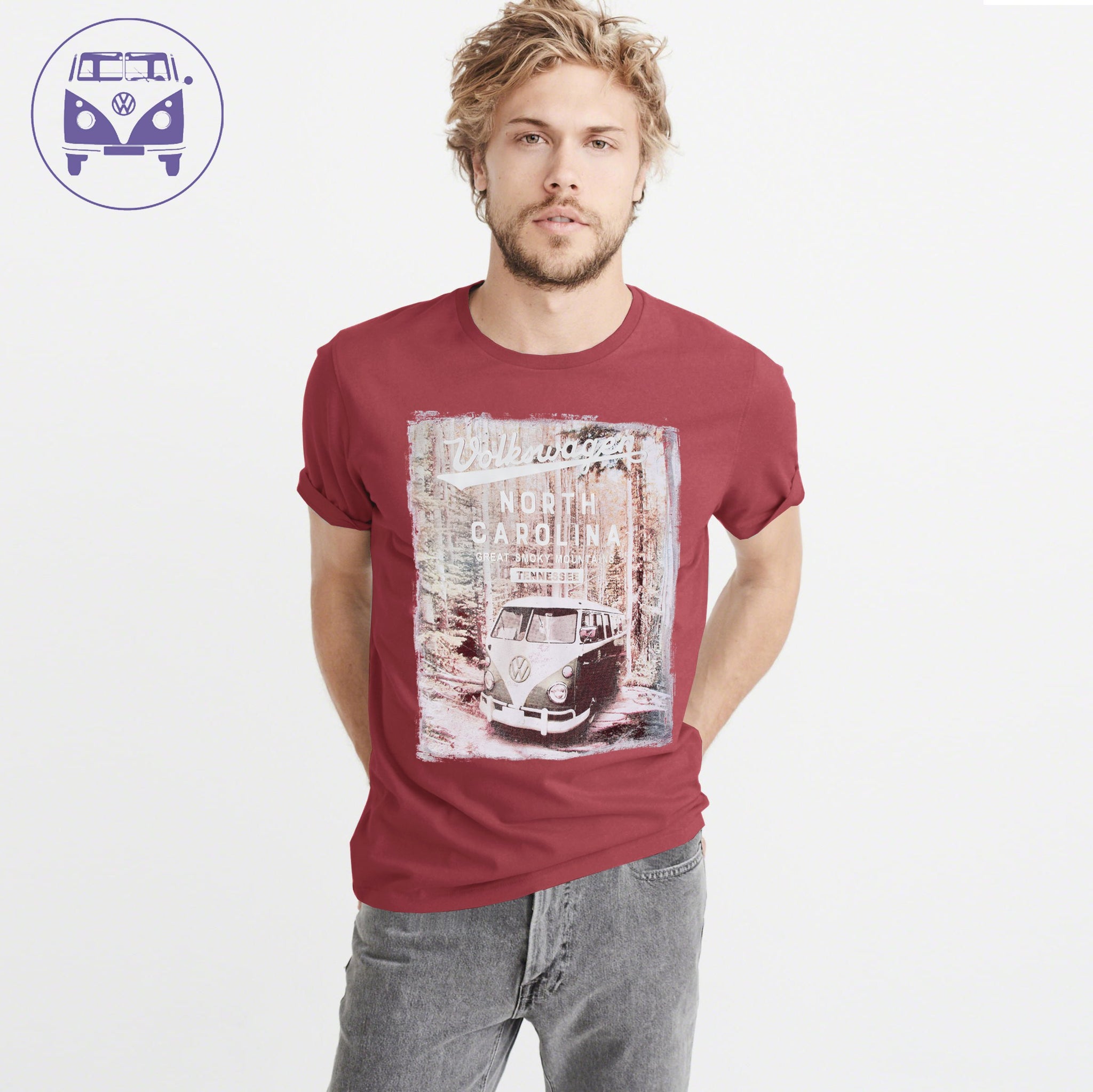 Classic Camper Crew Neck T Shirt For Men-Light Red-NA831